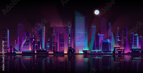 Modern metropolis streets shrouded in darkness cartoon vector background. Futuristic skyscrapers buildings illuminated with neon color lights and moonlight on seashore illustration. Urban architecture