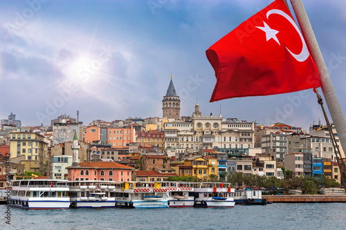 Turkish flag - Galata Tower from the Golden Horn