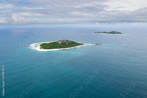 Aerial view of the small islands Cousin and Cousine, Seychelles in the Indian Ocean.