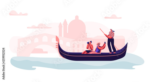 Cheerful Excited Couple in Gondola with Gondolier Floating at Canal Making Photo of Sightseeing at Romantic Journey or Voyage to Italy. Happy People Love in Venice. Cartoon Flat Vector Illustration