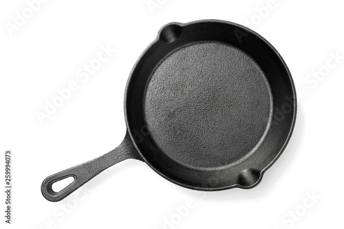 Black iron pan isolated on white background.