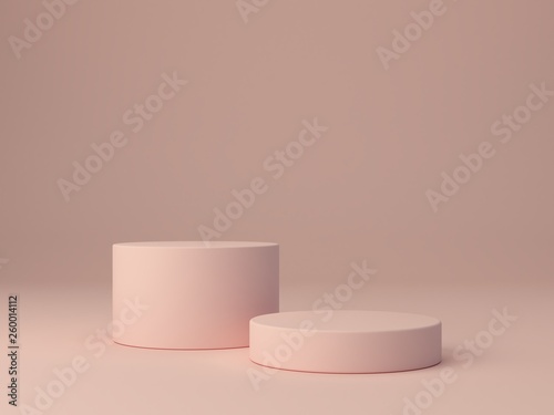 Pink shapes on pastel colors abstract background. Two minimal cylinder podium. Scene with geometrical forms. Empty showcase for cosmetic product presentation. Fashion magazine. 3d render. 
