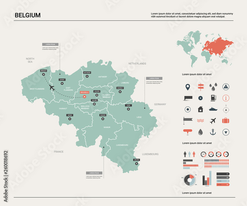 Vector map of Belgium . High detailed country map with division, cities and capital Brussels. Political map, world map, infographic elements.