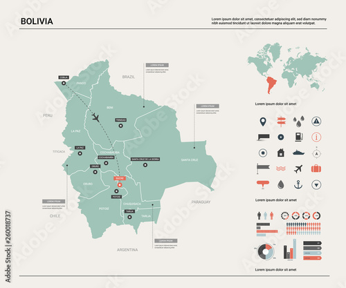 Vector map of Bolivia. High detailed country map with division, cities and capital Sucre. Political map, world map, infographic elements.