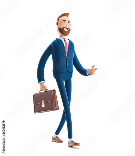 3d illustration.Businessman Billy with a case walking.