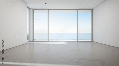 Sea view large living room of luxury summer beach house with big glass door and empty concrete floor. Vacation home or holiday villa interior 3d illustration.