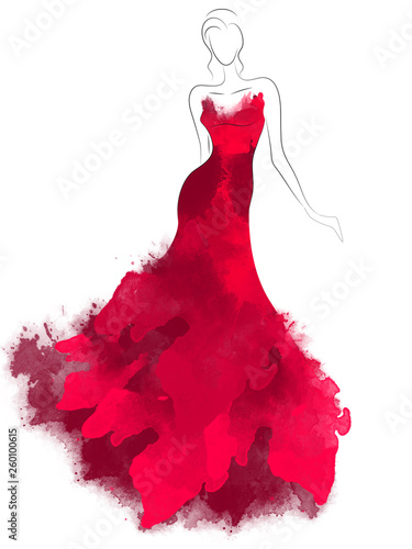 Model sketch silhouette in beautiful red dress. Fashion digital watercolor illustration