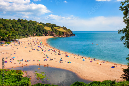 A sunny seascape with people enjoying the beach at Blackpool sands near Dartmouth in Devon 