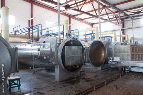 Working process of the production of green peas on cannery. Pasteurization in autoclave. 