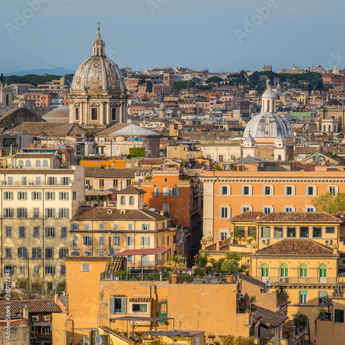 Panorama from the Gianicolo Terrace with the dome of Sant'Andrea della Valle and Santissima Trinità dei Pellegrini church in Rome, Italy.