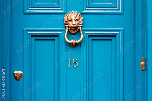 House door number fifteen with the 15 in bronze on a turquoise door with lion head door knocker