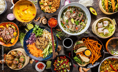 Top view composition of various Asian food in bowl