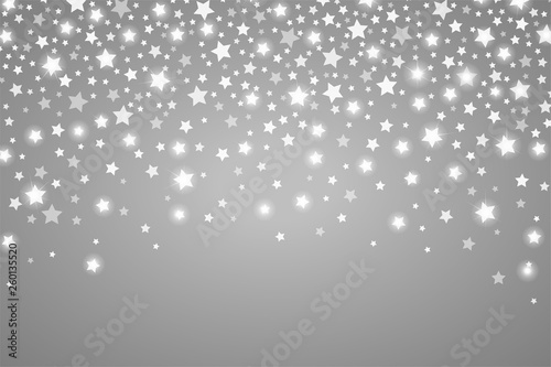 Celebration white stars confetti abstract. Festive sparkling garland shiny magical winter silver background. Christmas and New Year holiday silver star confetti concetp. Vector illustration