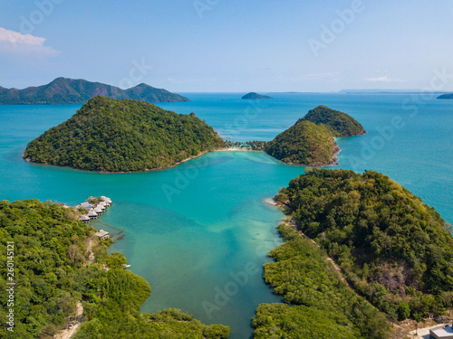 Aerial view to small Ko Ngam island on the south of Koh Chang island and Tantawan resort bungalows, Thailand