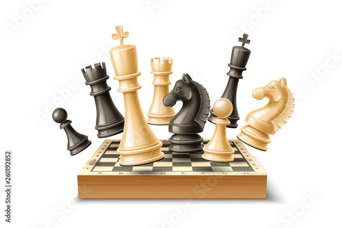 Realistic chess pieces and chessboard set. King, queen bishop and pawn horse rook Black and white chess figures for strategic board game. Intellectual leisure activity. 3d objects for vector design