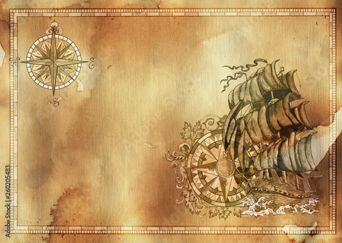 Nautical background with old sailing ship, victorian compass, blank on grunge texture