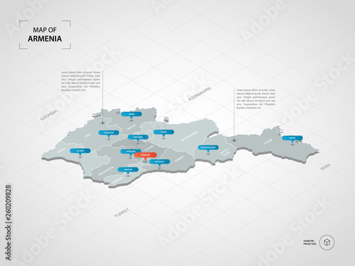 Isometric 3D Armenia map. Stylized vector map illustration with cities, borders, capital, administrative divisions and pointer marks; gradient background with grid. 