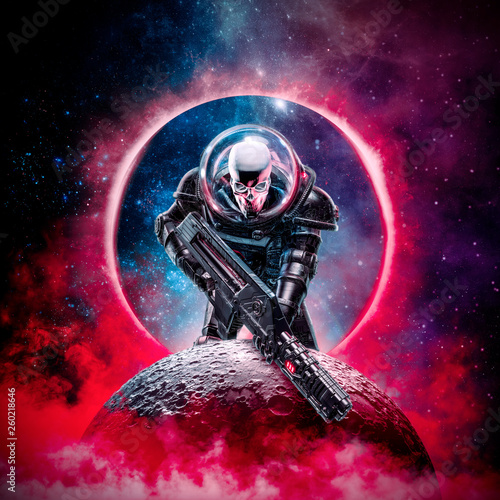 The death trooper / 3D illustration of science fiction scene showing evil skull faced astronaut space marine soldier with laser pulse rifle rising above moon