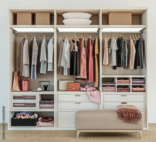 modern wooden wardrobe with women clothes hanging on rail in walk in closet design interior, 3d rendering