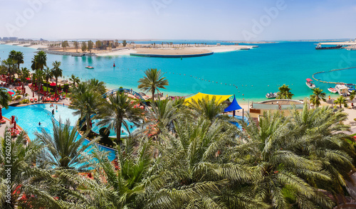 Beautiful resort area overlooking the pool and the sea in Abu Dhabi, UAE