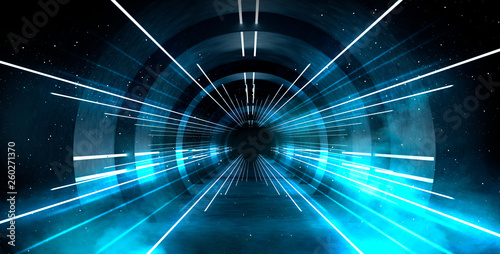 Abstract tunnel, corridor with rays of light and new highlights. Abstract blue background, neon. Scene with rays and lines, Round arch, light in motion, night view.