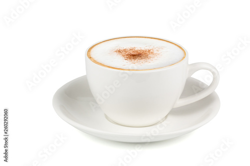 Side view of Hot cappuccino coffee in a white cup isolated on white background. (Clipping path inside)