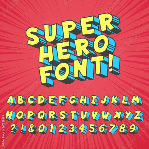 Super hero comics font. Comic graphic typography, funny supers heros alphabet and creative fonts letters symbol vector set