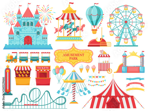Amusement park attractions. Carnival kids carousel, ferris wheel attraction and amusing fairground entertainments vector illustration