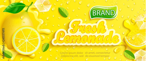Fresh lemonade with lemon, splash, apteitic drops from condensation, fruit slice, ice cubes on gradient yellow background for brand,logo, template,label,emblem and store,packaging,advertising.Vector