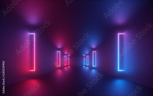 3d render, red blue neon light, illuminated corridor, tunnel, empty space, ultraviolet light, 80's retro style, fashion show stage, abstract background