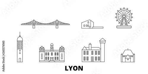 France, Lyon flat travel skyline set. France, Lyon black city vector panorama, illustration, travel sights, landmarks, streets.