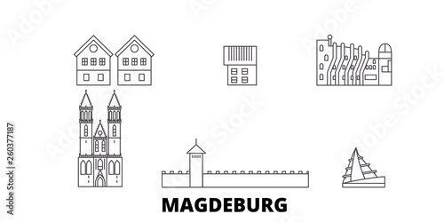 Germany, Magdeburg flat travel skyline set. Germany, Magdeburg black city vector panorama, illustration, travel sights, landmarks, streets.