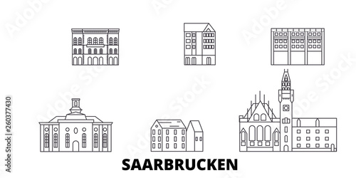 Germany, Saarbrucken flat travel skyline set. Germany, Saarbrucken black city vector panorama, illustration, travel sights, landmarks, streets.