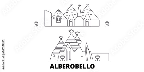 Italy, Alberobello flat travel skyline set. Italy, Alberobello black city vector panorama, illustration, travel sights, landmarks, streets.