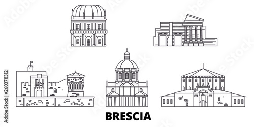 Italy, Brescia flat travel skyline set. Italy, Brescia black city vector panorama, illustration, travel sights, landmarks, streets.