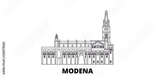 Italy, Modena flat travel skyline set. Italy, Modena black city vector panorama, illustration, travel sights, landmarks, streets.