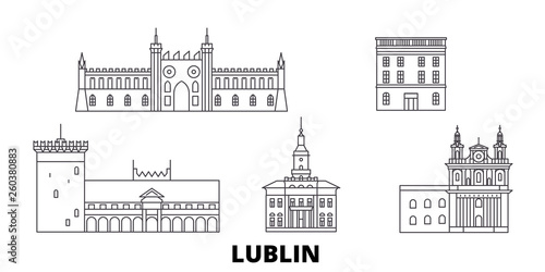 Poland, Lublin flat travel skyline set. Poland, Lublin black city vector panorama, illustration, travel sights, landmarks, streets.