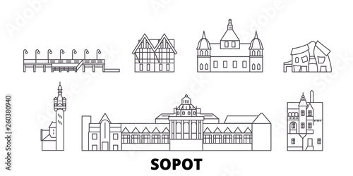 Poland, Sopot flat travel skyline set. Poland, Sopot black city vector panorama, illustration, travel sights, landmarks, streets.