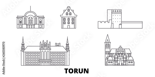 Poland, Torun flat travel skyline set. Poland, Torun black city vector panorama, illustration, travel sights, landmarks, streets.