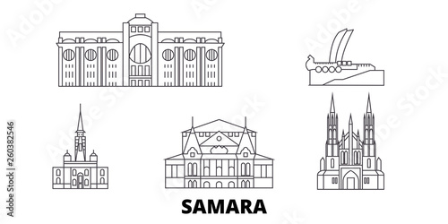 Russia, Samara flat travel skyline set. Russia, Samara black city vector panorama, illustration, travel sights, landmarks, streets.
