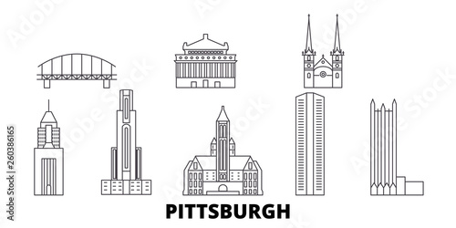 United States, Pittsburgh flat travel skyline set. United States, Pittsburgh black city vector panorama, illustration, travel sights, landmarks, streets.