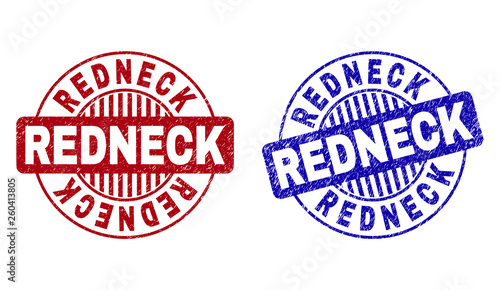 Grunge REDNECK round stamp seals isolated on a white background. Round seals with grunge texture in red and blue colors. Vector rubber watermark of REDNECK text inside circle form with stripes.