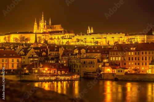 beautiful night view of old town and Prague castle with river Vltava, Czech Republic