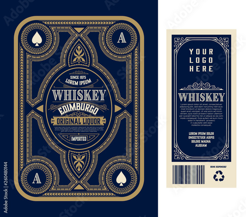 Vintage liquor labels, front and back side. Western style