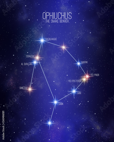 Ophiuchus the snake bearer zodiac constellation map on a starry space background with the names of its main stars. Stars relative sizes and color shades based on their spectral type.