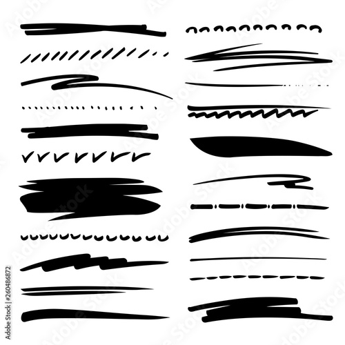 Hand drawn collection set of underline strokes in marker brush doodle style. Grunge brushes.