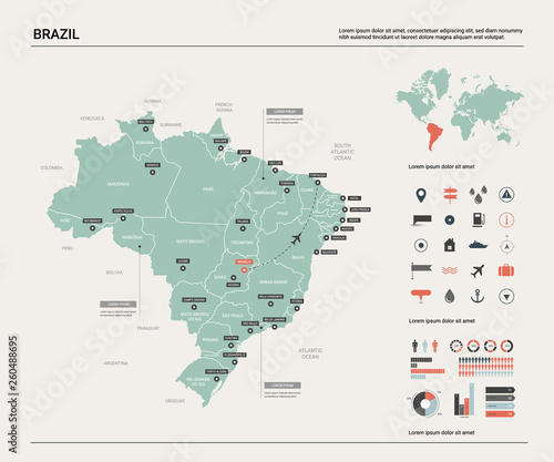 Vector map of Brazil. High detailed country map with division, cities and capital Brasilia. Political map, world map, infographic elements.