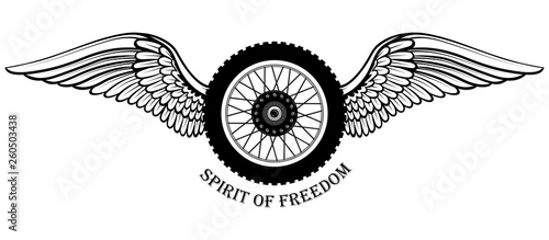 Black and white vector image of a motorcycle wheel with wings. Image on white background.