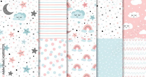Set of sweet pink seamless pattern Sleeping cloud moon stars background collection Baby girl fabric design vector