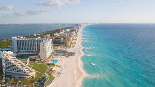 Beautiful beach in Cancun, aerial view. Zona Hoteliera. Caribbean coast, Yucatan, Mexico